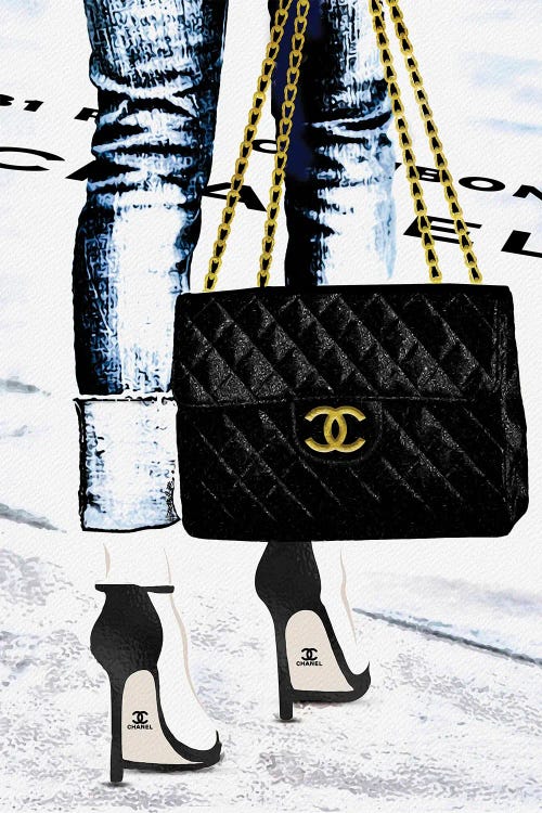 Framed Canvas Art (Gold Floating Frame) - Lady with The Chanel Bag and Black High Heels by Pomaikai Barron ( Fashion > Fashion Accessories > Bags 