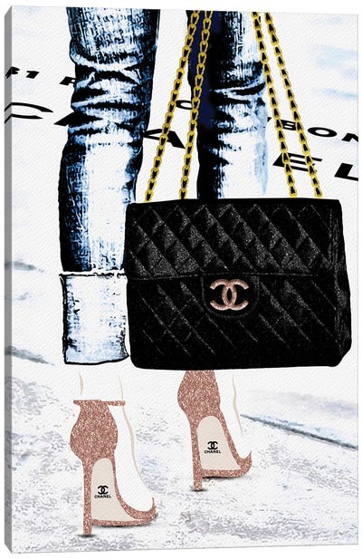 Lady With The Chanel Bag And Rose Gold High Heels Canvas Art Print - Shoe Art