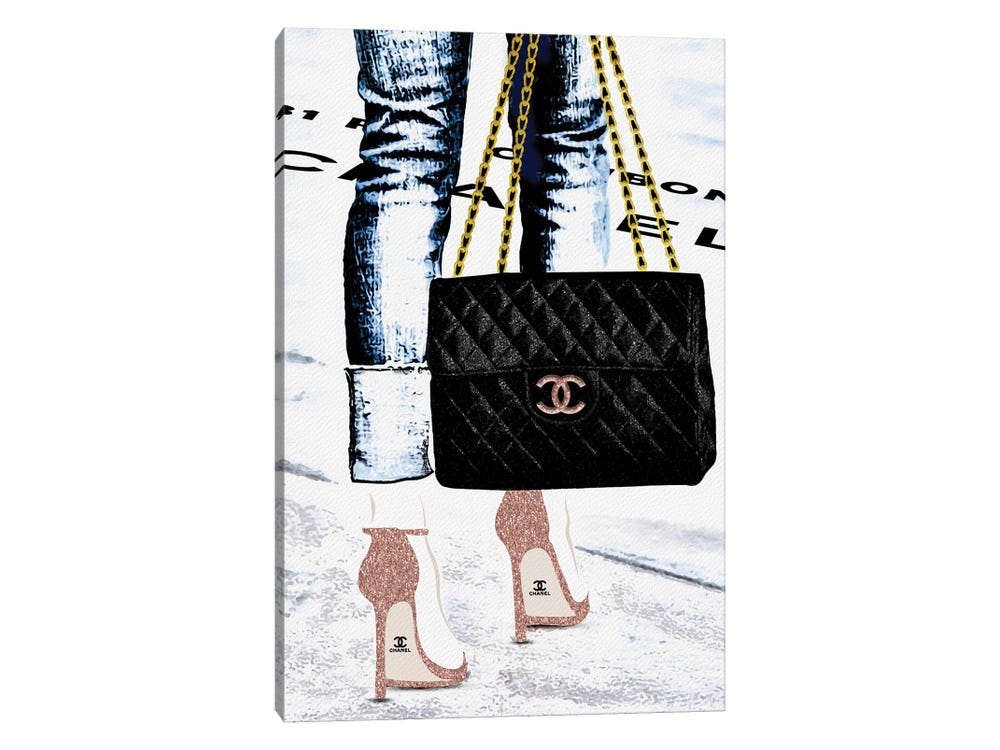 Framed Canvas Art (White Floating Frame) - Lady with The Chanel Bag and Rose Gold High Heels by Pomaikai Barron ( Fashion > Fashion Accessories > Bags