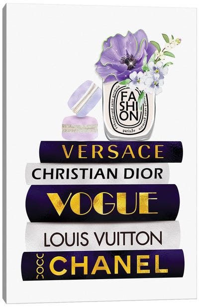 Fashion Candle & Macarons On Purple White Gold Fashion Books Canvas Art Print - Perfume Bottle Art