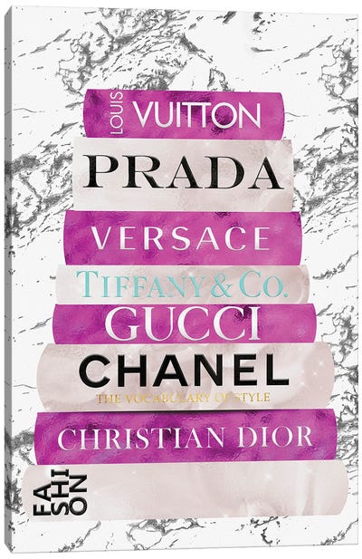 Fashion Nerd-Bright Pink & Beige Book Stack Canvas Art Print - Versace Art