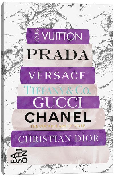Fashion Nerd-Bright Violet & Beige Book Stack Canvas Art Print - Dior Art