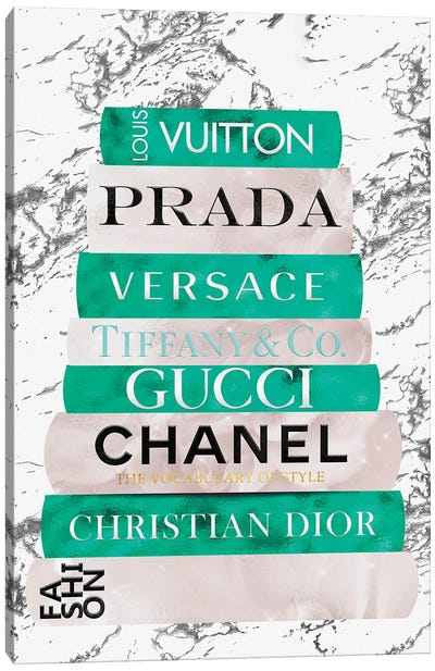 Fashion Nerd-Ocean Green & Beige Book Stack Canvas Art Print - Versace Art