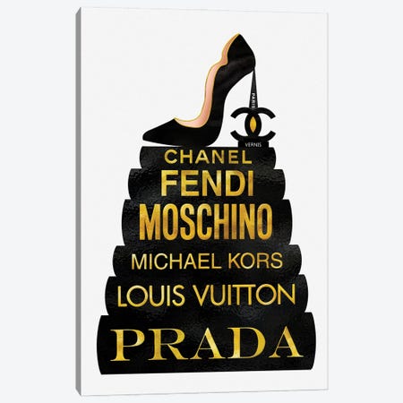 Black & Gold Paris Vernis High Heel On Fashion Books Canvas Print #POB464} by Pomaikai Barron Art Print