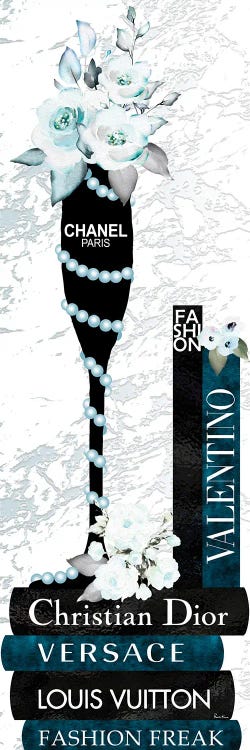 Champagne Glass With Flowers Pearls On Blue & Black Fashion Books