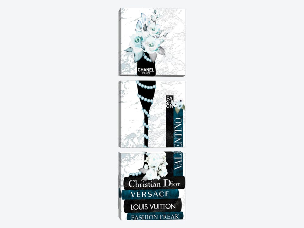 Champagne Glass With Flowers Pearls On Blue & Black Fashion Books by Pomaikai Barron 3-piece Canvas Art Print