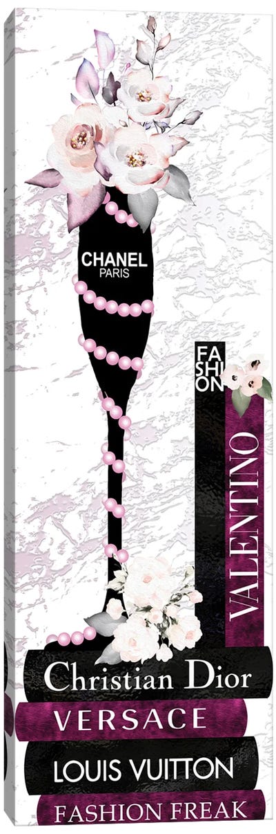 Champagne Glass With Flowers Pearls On Burgundy & Black Fashion Books Canvas Art Print - Dior Art