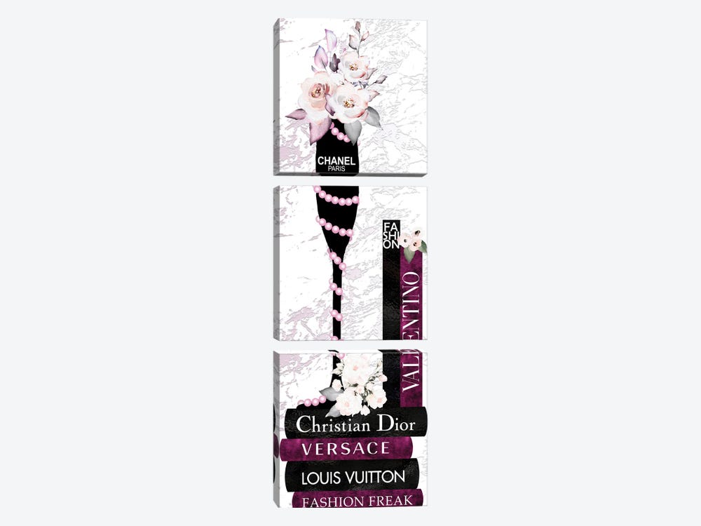 Champagne Glass With Flowers Pearls On Burgundy & Black Fashion Books by Pomaikai Barron 3-piece Canvas Artwork