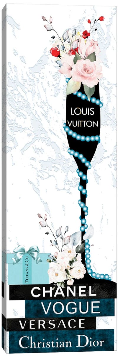Louis Champagne Glass With Flowers Pearls On Blue & Black Fashion Books Canvas Art Print - Versace Art