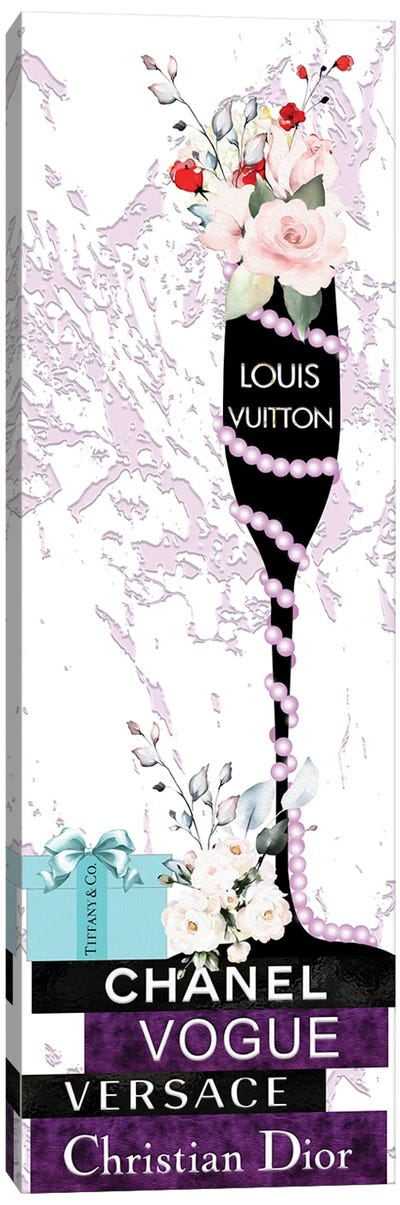 Louis Champagne Glass With Flowers Pearls On Purple & Black Fashion Books Canvas Art Print - Champagne Art
