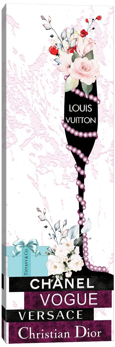 Louis Champagne Glass With Flowers Pearls On Burgundy & Black Fashion Books Canvas Art Print - Champagne Art