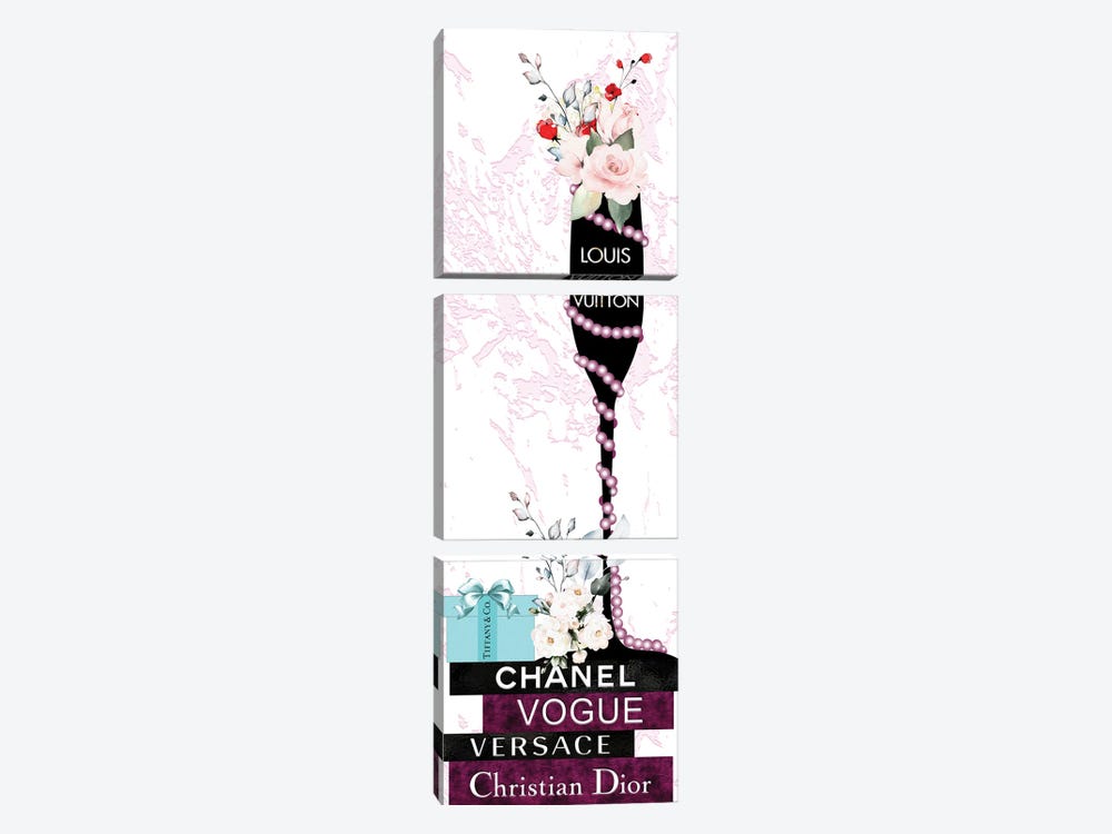 Louis Champagne Glass With Flowers Pearls On Burgundy & Black Fashion Books by Pomaikai Barron 3-piece Canvas Art