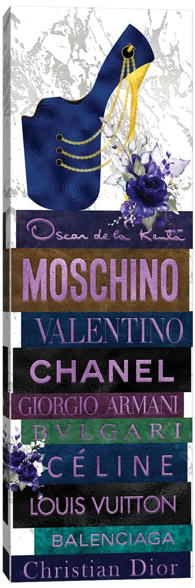 Deep Blue Peep Toe Stiletto & Blue Roses on Leather Fashion Books Canvas Art Print - Dior Art