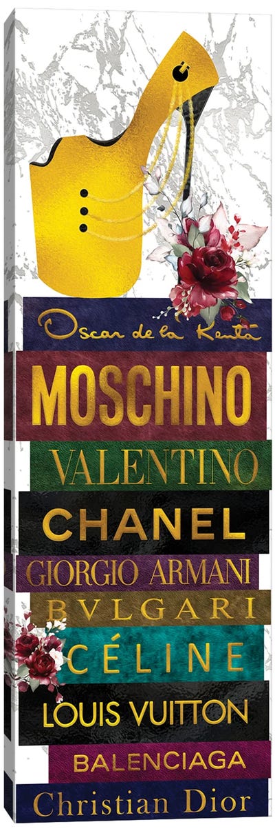 Gold Peep Toe Stiletto & Red Roses on Leather Fashion Books Canvas Art Print - Dior Art