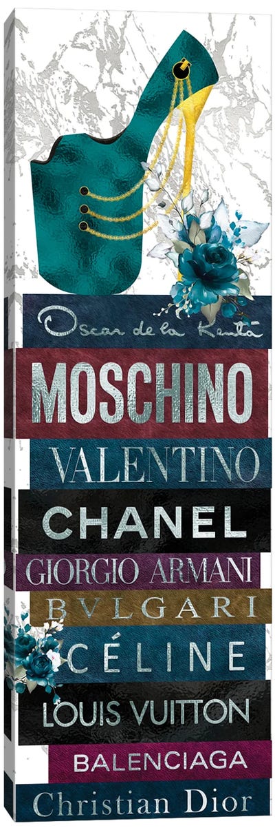 Turquoise Peep Toe Stiletto & Turquoise Roses on Leather Fashion Books Canvas Art Print - Book Art