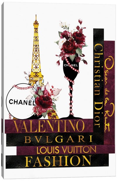 Deep Red Roses In Champagne Glass on Fashion Books Canvas Art Print - Paris Typography