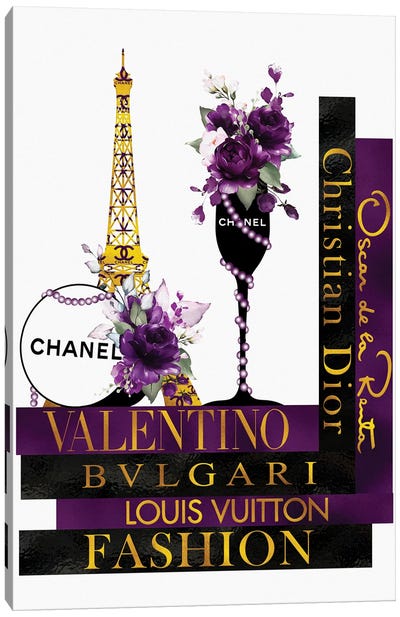 Purple Roses In Champagne Glass on Fashion Books Canvas Art Print - Paris Typography