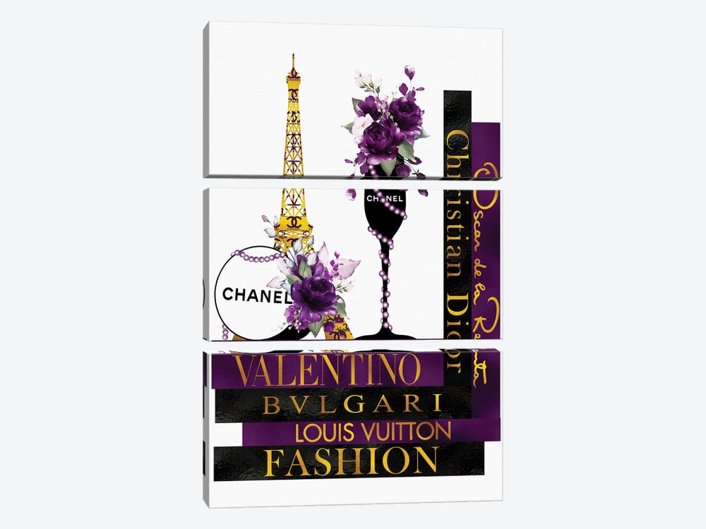 Purple Roses In Champagne Glass on Fashion Books by Pomaikai Barron 3-piece Canvas Wall Art