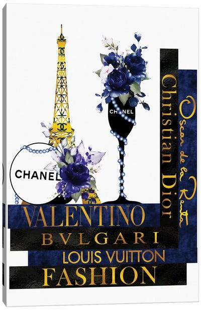 Sapphire Blue Roses In Champagne Glass on Fashion Books Canvas Art Print - Paris Typography