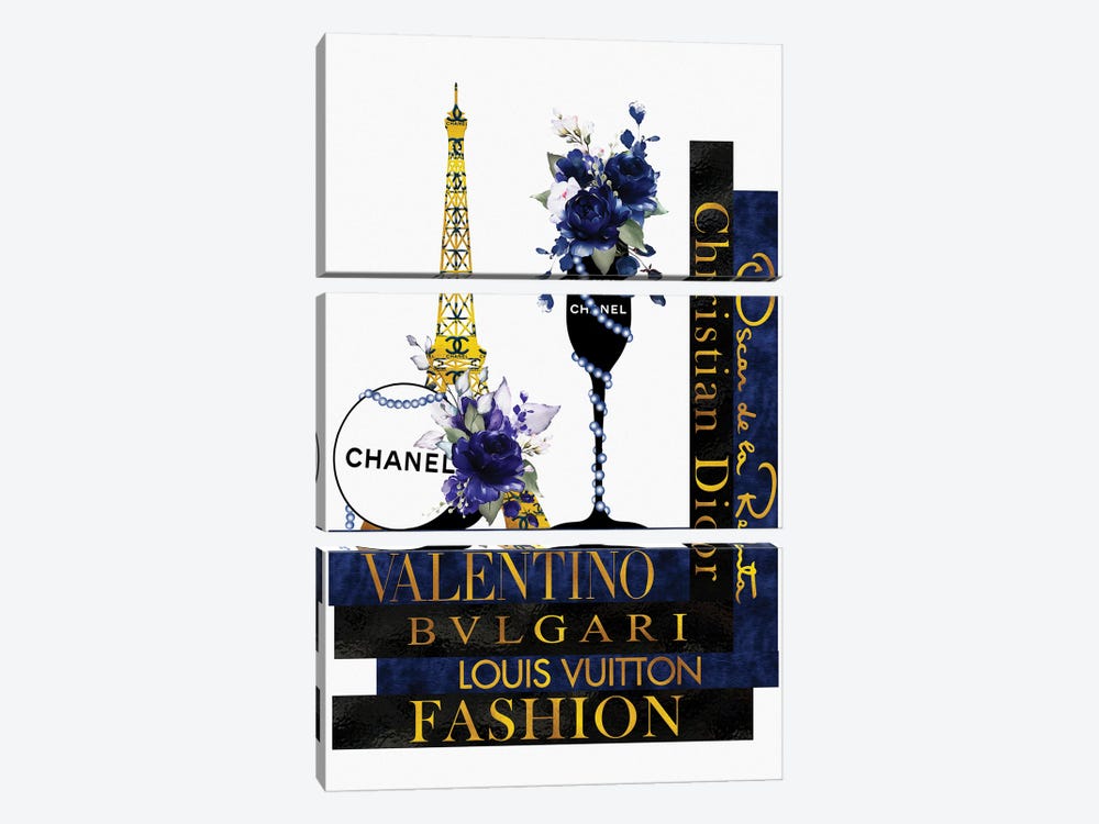 Sapphire Blue Roses In Champagne Glass on Fashion Books by Pomaikai Barron 3-piece Canvas Print
