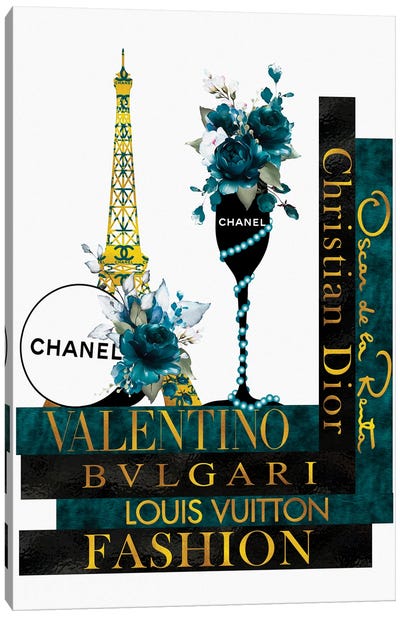 Turquoise Roses In Champagne Glass on Fashion Books Canvas Art Print - Paris Typography