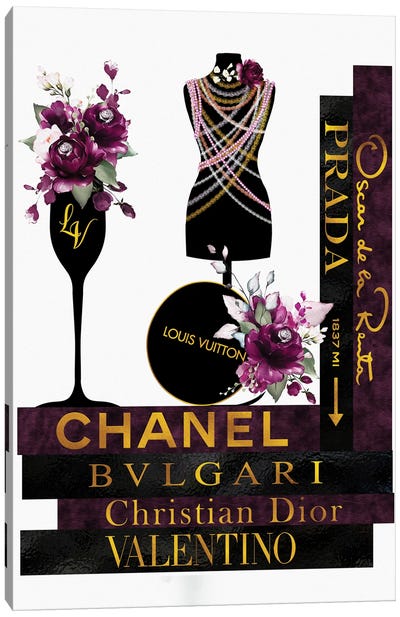 Roses Pearls & Fashion Books Burgundy Canvas Art Print - Champagne Art