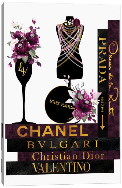 Burgundy  Roses Pearls & Fashion Books Canvas Art Print - Champagne Art