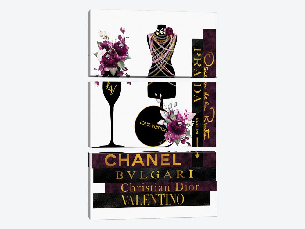 Burgundy  Roses Pearls & Fashion Books by Pomaikai Barron 3-piece Canvas Print