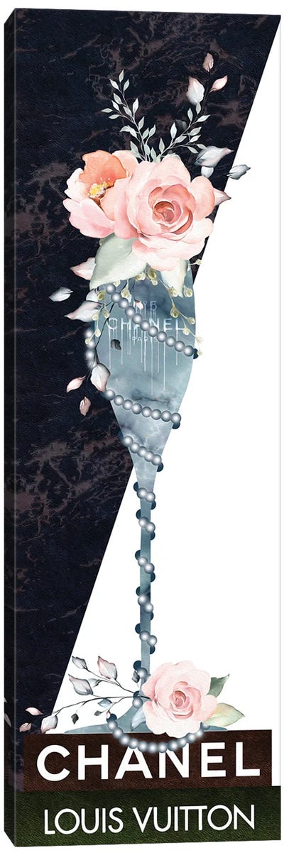 Blue Marble Fashion Champagne Glass With Roses & Pearls On Fashion Books Canvas Art Print - Champagne Art