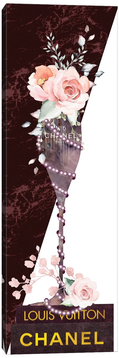 Mauve Marble Fashion Champagne Glass With Roses & Pearls On Fashion Books Canvas Art Print - Champagne Art