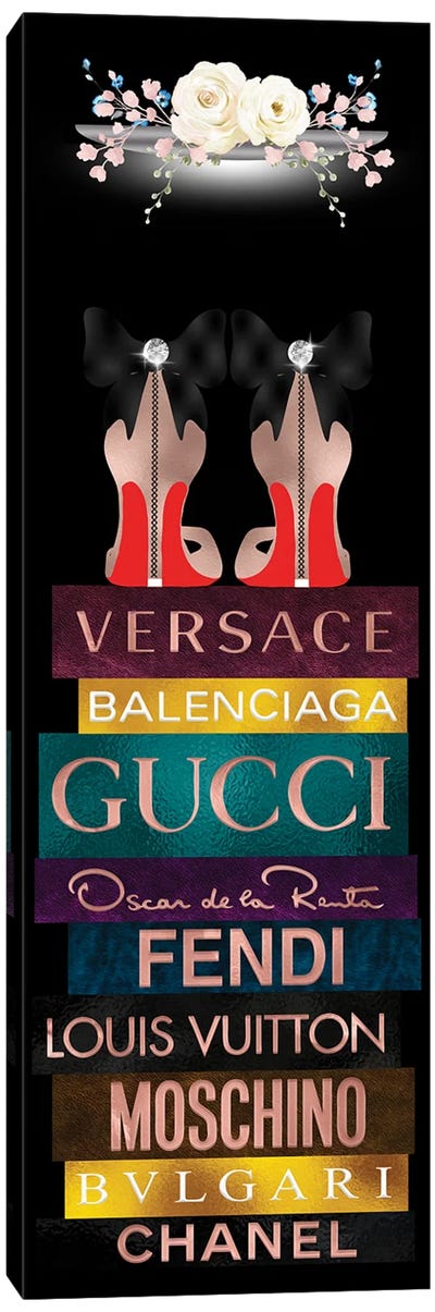 Rose Gold Red Bottom Fashion Pumps On Large Fashion Book Stack Canvas Art Print - Versace Art
