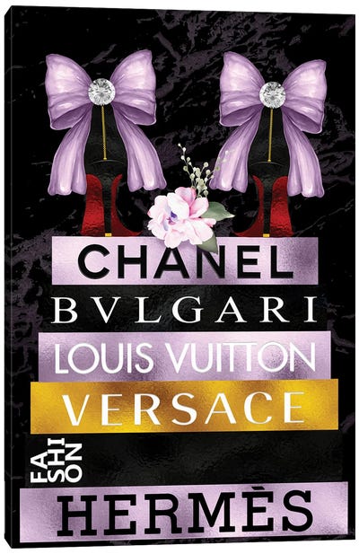 Purple Bow Red Bottom High Heels On Purple Black & Gold Fashion Books Canvas Art Print - Versace Art