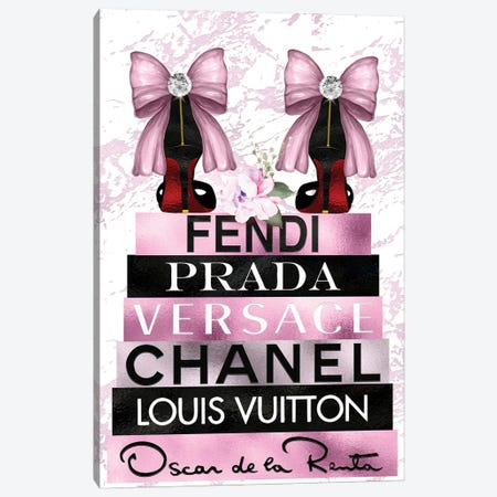 Pink Bow Red Bottom High Heels On Pink & Black Fashion Books Canvas Print #POB523} by Pomaikai Barron Art Print
