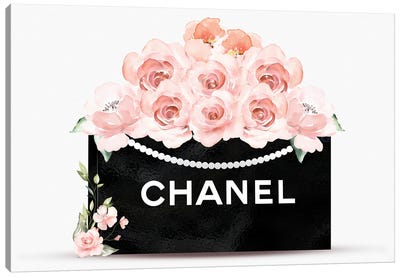 Black & White Fashion Shopping Bag With Blush Roses Canvas Art Print - Shopping Art