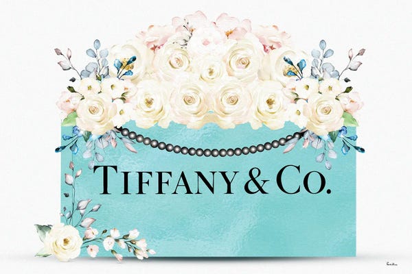 Tiffany & Co.: Teal Fashion Shopping Bag With White Pink & Blue Florals by Pomaikai Barron