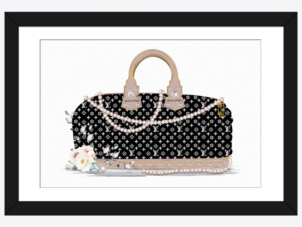 Pink and White Fashion Duffle Bag with Brown Pearls & Roses by Pomaikai Barron Fine Art Paper Print ( Fashion > Fashion Brands > Louis Vuitton art) 