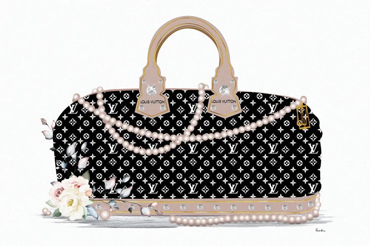 Black And White Fashion Duffle Bag With Beige Pearls & Roses