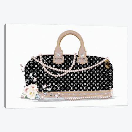 Black And White Fashion Duffle Bag With Beige Pearls & Roses Canvas Print #POB531} by Pomaikai Barron Canvas Artwork
