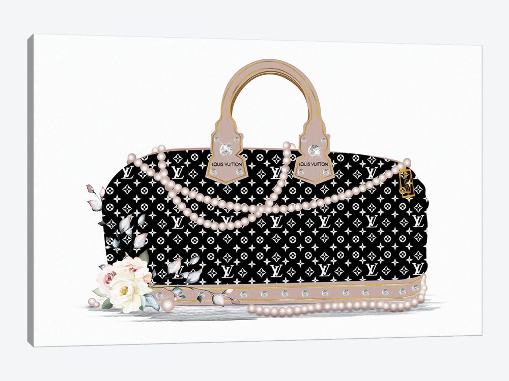 Black And White Fashion Duffle Bag With Beige Pearls & Roses by Pomaikai Barron 1-piece Canvas Wall Art