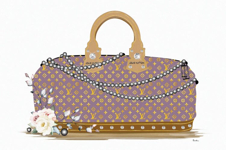 Mauve And Gold Fashion Duffle Bag With Black Pearls & Roses