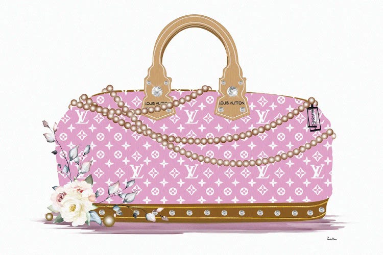 Pink And White Fashion Duffle Bag With Brown Pearls & Roses