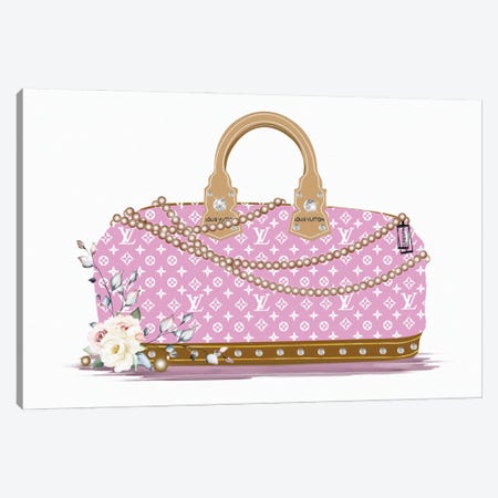 Pink And White Fashion Duffle Bag With Brown Pearls & Roses Canvas Print #POB533} by Pomaikai Barron Canvas Art
