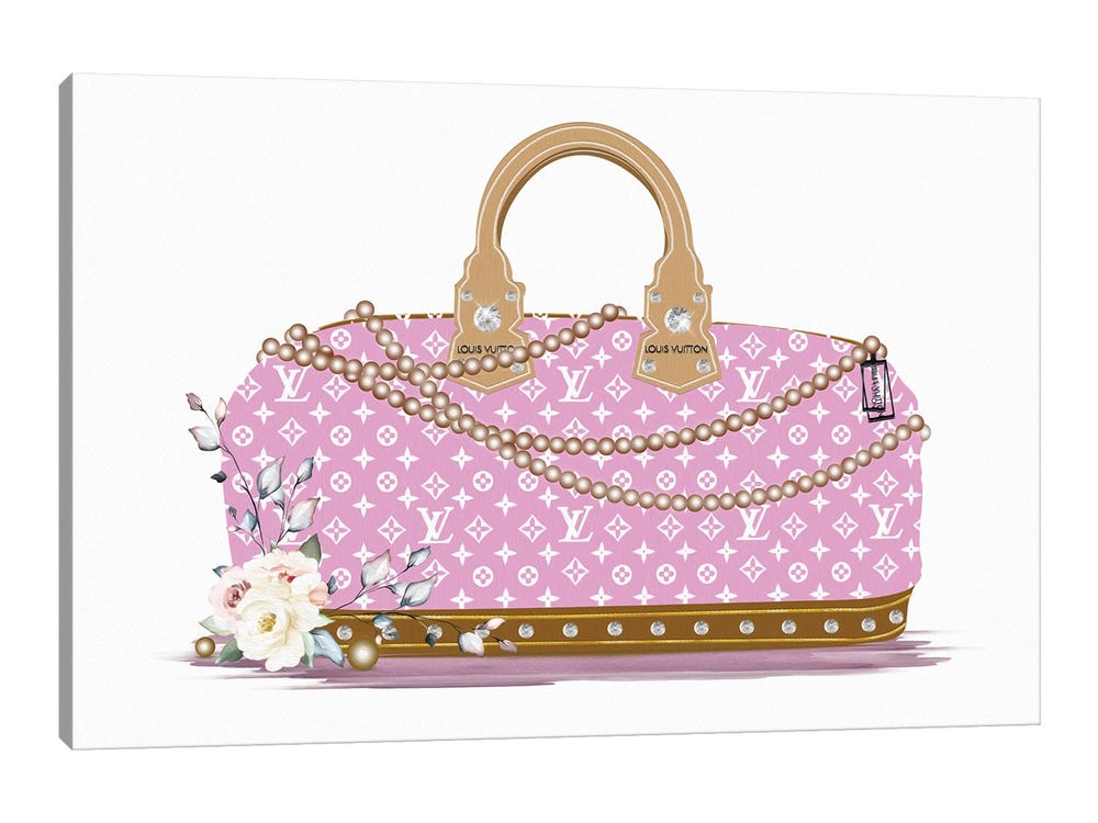 Framed Canvas Art (Champagne) - Pink and White Fashion Duffle Bag with Brown Pearls & Roses by Pomaikai Barron ( Fashion > Fashion Brands > Louis