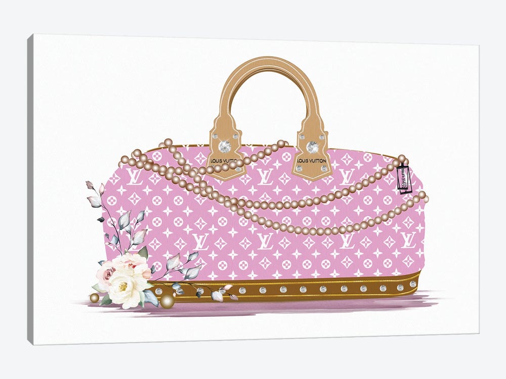 Pink And White Fashion Duffle Bag With Brown Pearls & Roses by Pomaikai Barron 1-piece Canvas Wall Art