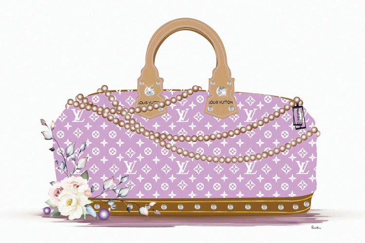 Purple And White Fashion Duffle Bag With Brown Pearls & Roses