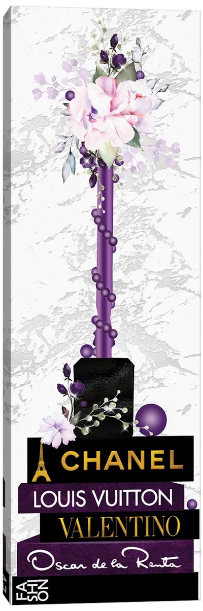 Purple Lip Gloss Vase With Roses & Pearls On Fashion Books Canvas Art Print - Make-Up Art