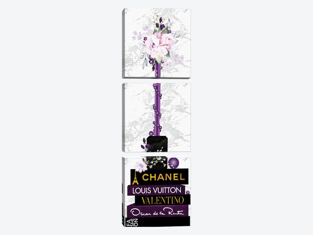 Purple Lip Gloss Vase With Roses & Pearls On Fashion Books by Pomaikai Barron 3-piece Canvas Wall Art