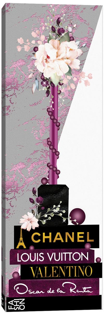 Magenta Lip Gloss Vase With Roses & Pearls On Fashion Books Canvas Art Print - Book Art