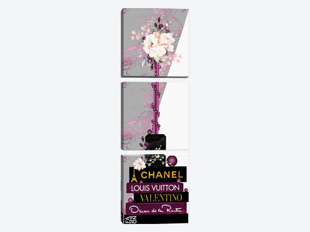 Magenta Lip Gloss Vase With Roses & Pearls On Fashion Books by Pomaikai Barron 3-piece Canvas Artwork