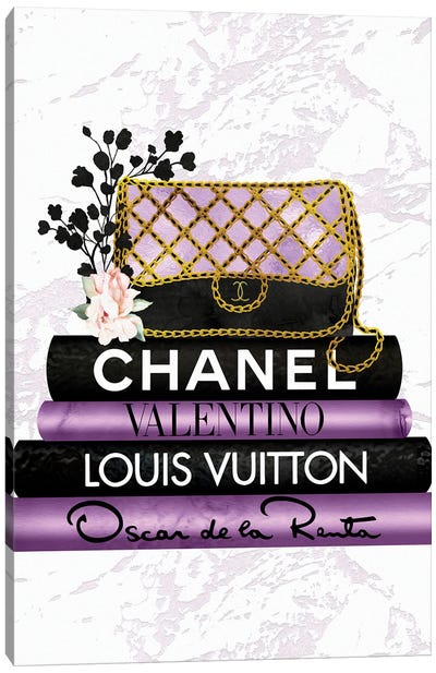 Purple & Black Quilted Fashion Hand Bag On Black & Purple Fashion Books Canvas Art Print - Louis Vuitton Art